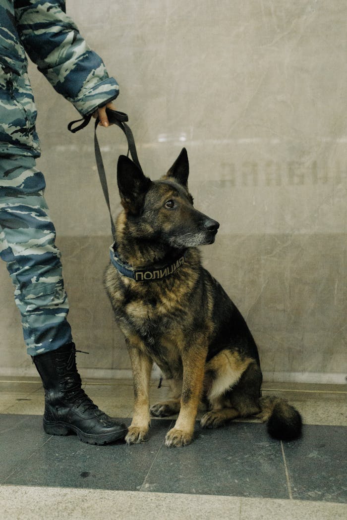 Police officer holding a trained German Shepherd dog indoors, highlighting law enforcement vigilance.